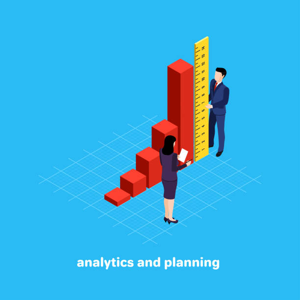 analysis of progress man and woman in business suits, analytical and business planning, growth chart upward mobility stock illustrations