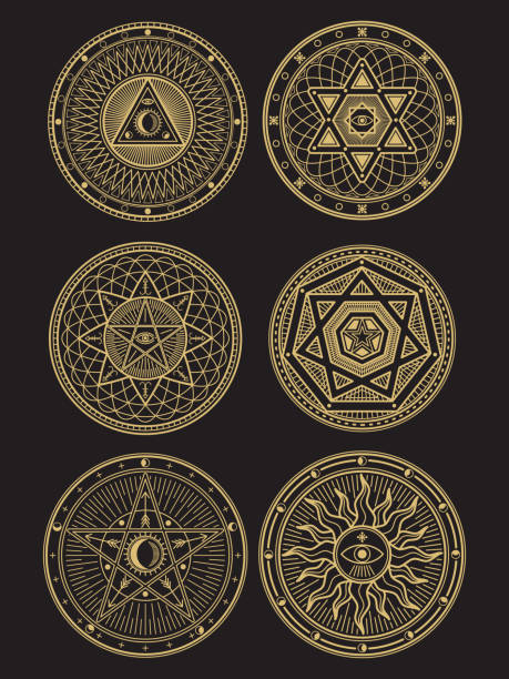 ilustraciones, imágenes clip art, dibujos animados e iconos de stock de símbolos de oro vector oculto, místico, espiritual, esotérico - ilustraciones de azteca logo