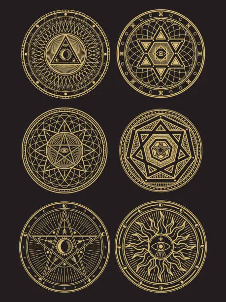 Vector illustration of Golden occult, mystic, spiritual, esoteric vector symbols