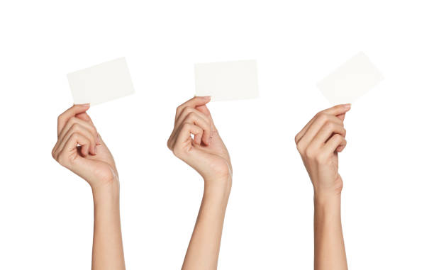 istock Hand hold blank white card isolated with white background 912873040