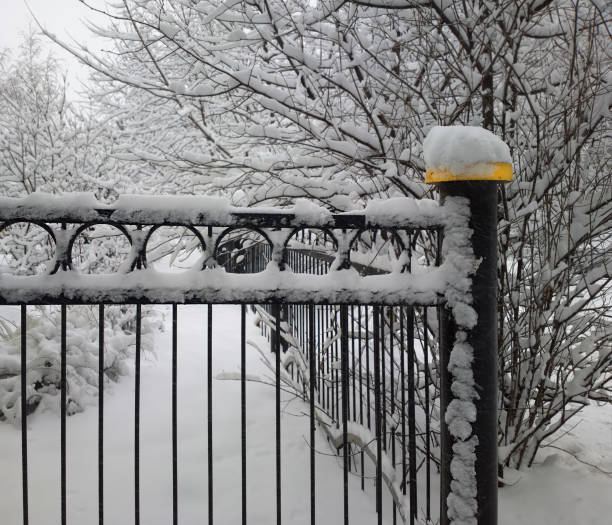 istock Winter park fence background 912873074