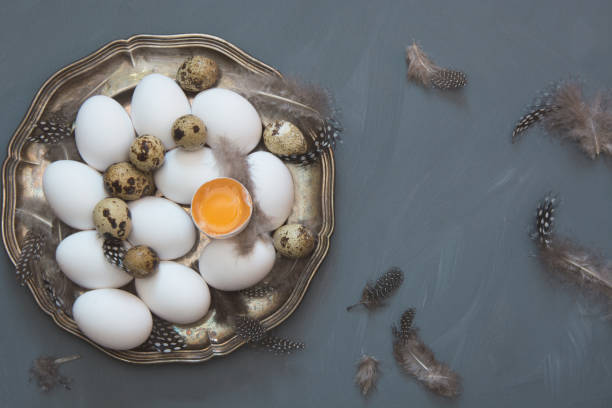 White chicken and quail eggs in vintage plate on gray neutral background. Top view.