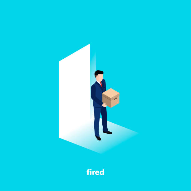 fired dismissed from his job, man in a business suit with a box in his hands, isometric image Lea stock illustrations