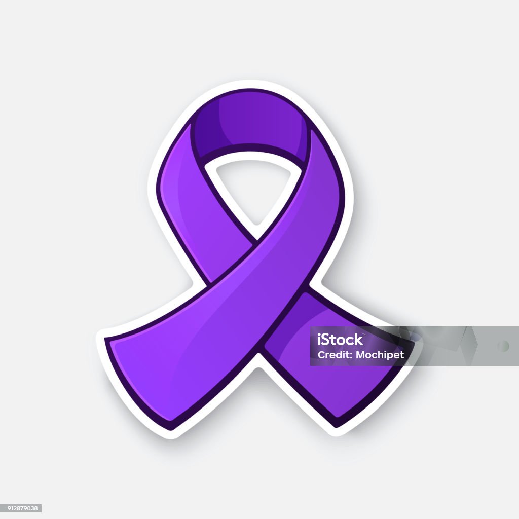 Sticker of purple ribbon, awareness of interpersonal violence and abuse prevention Vector illustration. Purple ribbon, awareness of interpersonal violence and abuse prevention. Spirit Day and victims of homophobia. Month of the Military Child. The problem of Alzheimer's disease Fibromyalgia stock vector