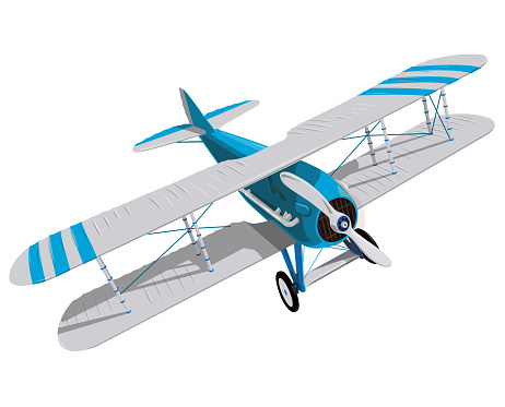 Biplane with blue and white coating. Model aircraft propeller with two wings. Plane from World War. Old retro aircraft. Jet designed for poster printing. Beautifully drawn vector flying biplane.