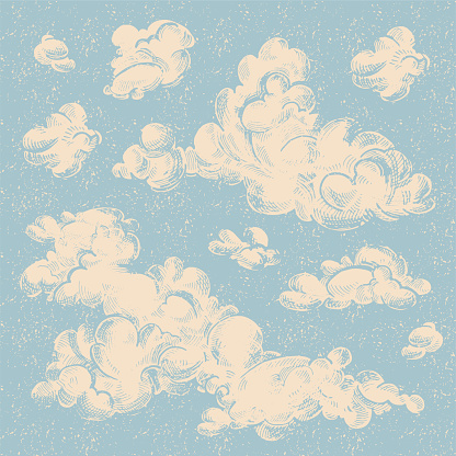 Vector set of detailed hand drawn vintage engraved clouds. Ink illustration. Overcast, abstract sky, cloud sketch decorative background.