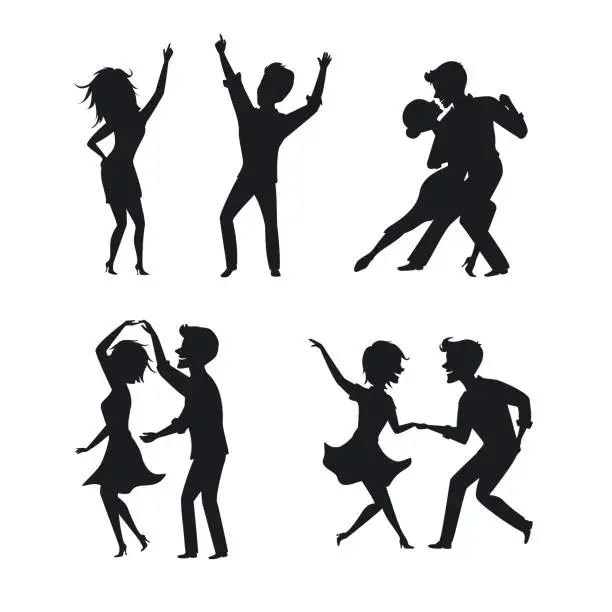 Vector illustration of silhouettes set of people dancing, couples dance tango twist disco clubbing and romantic