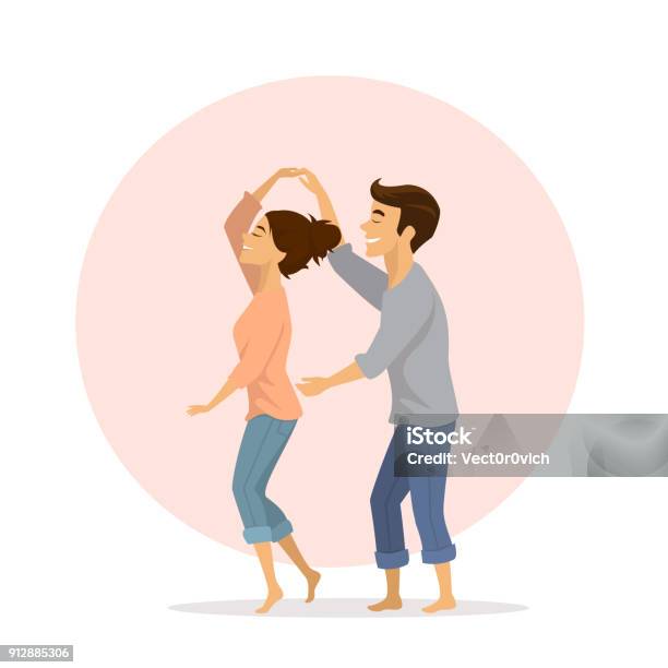 Cute Happy Romantic Couple In Love Having Fun Dancing At Home Stock Illustration - Download Image Now