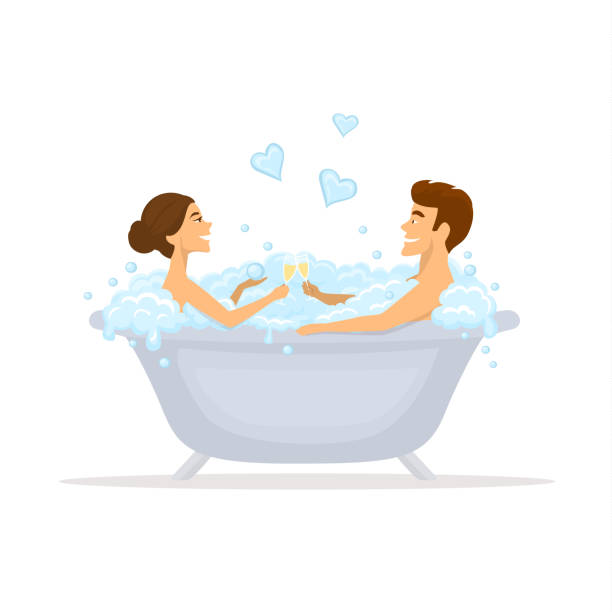 mężczyzna i kobieta, romantyczna para zakochana w wannie, biorąc bubbled kąpieli - bubbled stock illustrations