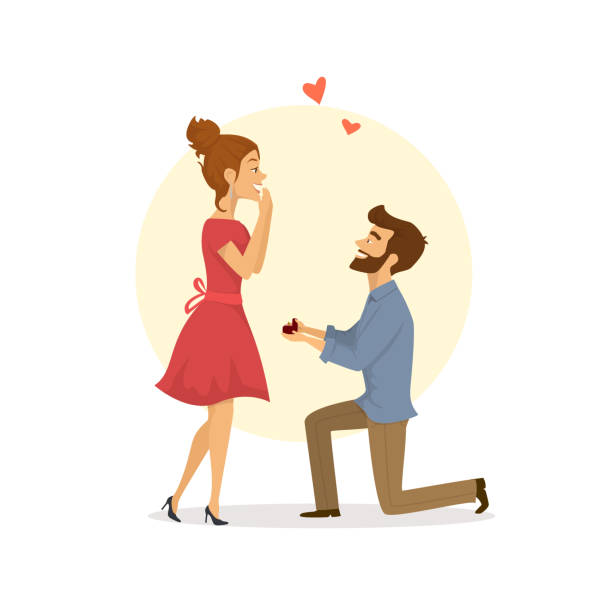 illustrations, cliparts, dessins animés et icônes de joli couple dans l’amour, l’homme propose la femme agenouillée illustration vectorielle - valentines day romance boyfriend vertical