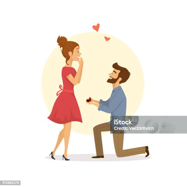 Cute Couple In Love Man Proposing To The Woman Kneeling Vector Illustration Stock Illustration - Download Image Now