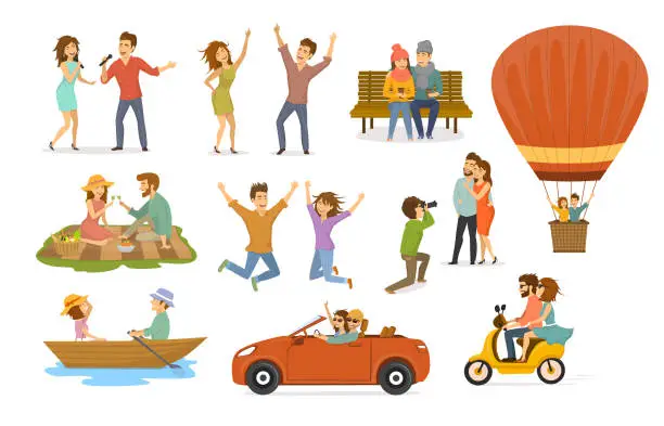 Vector illustration of collection of romantic activities of couples in love, disco club dance, sing karaoke songs, sitting in park on a bench, hot air balloon flying trip, picnic, ride scooter, rowing boat, car journey, photoshooting