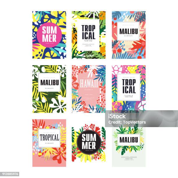 Summer Banners Set Malibu Hawaii Tropical Vacation And Holidays Poster Vector Illustrations Stock Illustration - Download Image Now