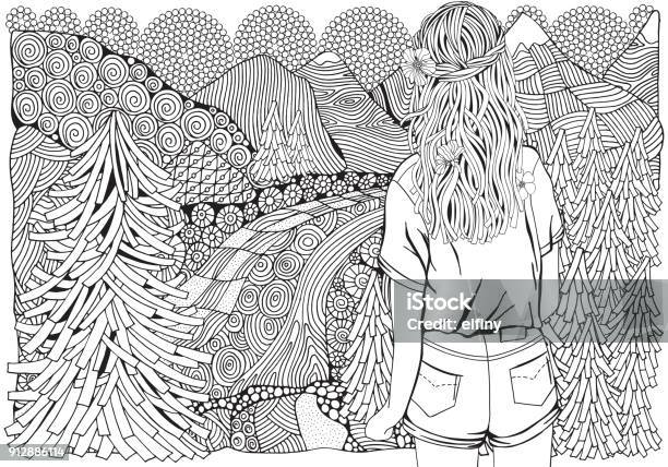 Girl With Long Hair In The Forest Fir Trees River And Mountain Pattern For Coloring Book Handdrawn Ethnic Retro Doodle Vector Stock Illustration - Download Image Now