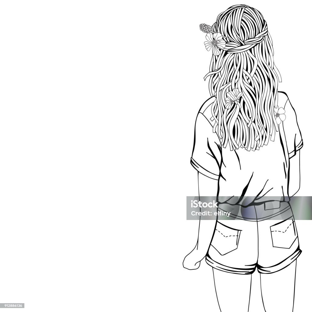 Cute Girl with long hair and flowers.. Coloring book page for adult. Black and white. Doodle style. Women stock vector