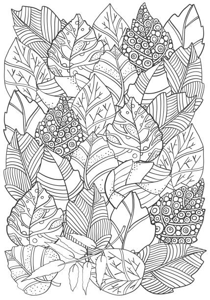 Floral doodle background pattern in vector with autumn leaves. Design Asian, ethnic, tribal pattern. Black and white. Coloring book. A4 Floral doodle background pattern in vector with autumn leaves. Design Asian, ethnic, tribal pattern. Black and white. Coloring book. Monochrome. A4. coloring book stock illustrations