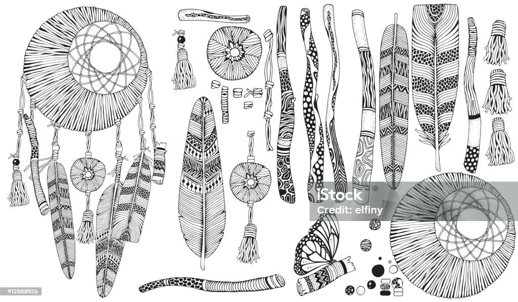 Moon dreamcatcher constructor. Creation set of wooden branches, Painted Sticks, Feathers, flowers. Doodle black and white vector, tribal. Moon dreamcatcher constructor. Creation set of wooden branches, Painted Sticks, Feathers, flowers. Doodle style. Black and white, boho, vector, tribal design elements. Ancient stock vector