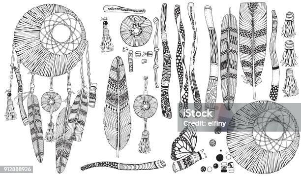 Moon Dreamcatcher Constructor Creation Set Of Wooden Branches Painted Sticks Feathers Flowers Doodle Black And White Vector Tribal Stock Illustration - Download Image Now