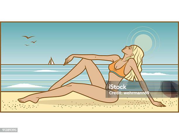 Девушка На Пляже — стоковая векторная графика и другие изображения на тему Женщины - Женщины, Лето, Пляж