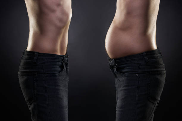 Man before and after weight loss, fat and slim body Man before and after weight loss. Fat and slim body on black background before and after weight loss man stock pictures, royalty-free photos & images