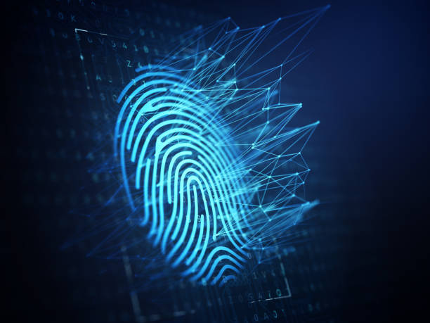 Technology of digital fingerprint scanning. A computer identify and measuring the bright fingerprint on the digital surface. 3d illustration biometrics stock pictures, royalty-free photos & images