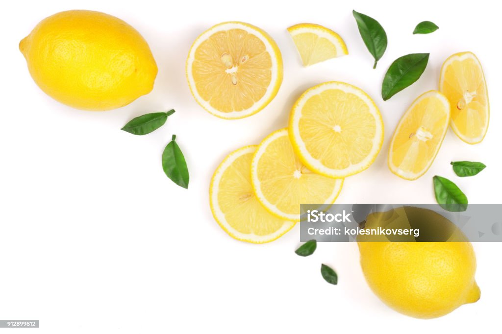 lemon and slices with leaf isolated on white background with copy space for your text. Flat lay, top view lemon and slices with leaf isolated on white background with copy space for your text. Flat lay, top view. Lemon - Fruit Stock Photo