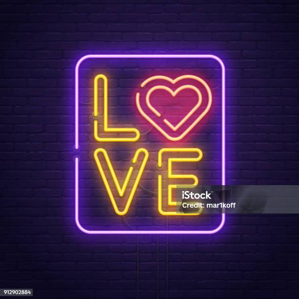 Happy Valentines Day 3d Neon Sign Realistic Neon Sign Love Day Banner Emblem And Label Bright Signboard Light Banner Stock Illustration - Download Image Now
