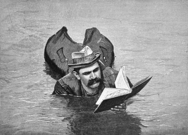 Adult man is lying in the water and reads the book - 1896 vector art illustration
