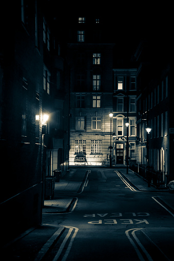 Empty posh street at night, W1, City of Westminster, London, UK
