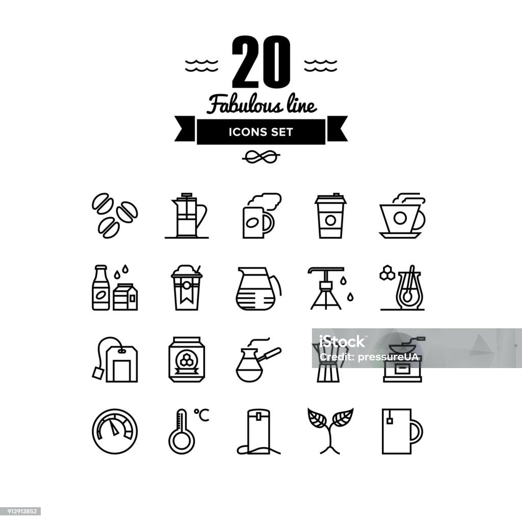 Coffee and tea elements line icons set Thin lines icons set of coffee preparation process, cup of tea, hot americano to go, glass of water, hot drinks with honey. Modern infographic outline vector design, simple symbol pictogram concept. Coffee - Drink stock vector