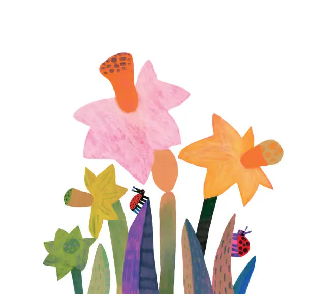 Vector illustration of Pastel drawing/collage of daffodils and ladybirds