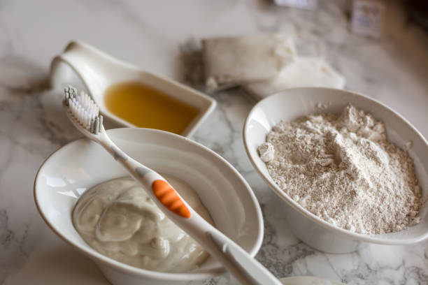 Homemade toothpaste, made with white clay. stock photo