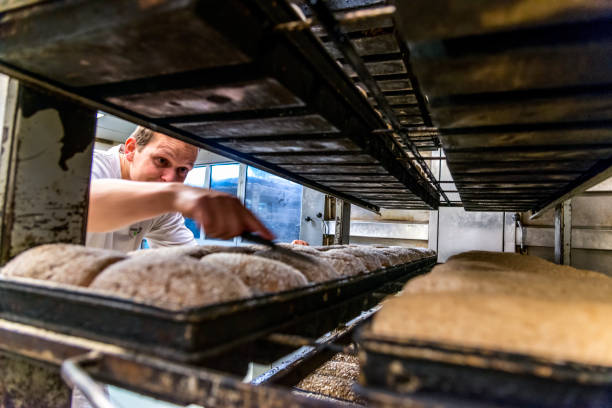 baker prepara pan para el horno - bakers yeast fotografías e imágenes de stock