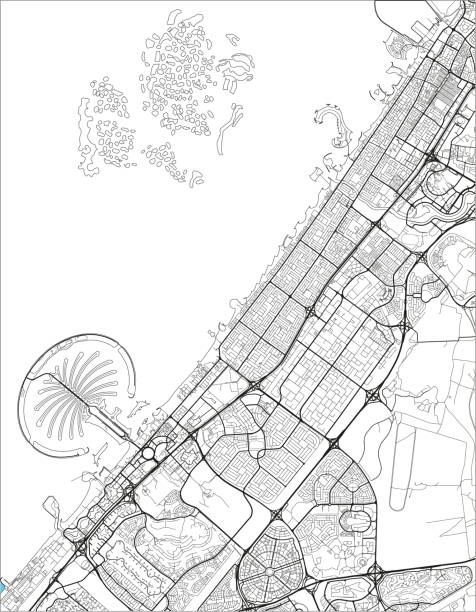 schwarz / weiß vektor stadtplan der innenstadt von dubai mit gut organisierten getrennten schichten. - dubai stock-grafiken, -clipart, -cartoons und -symbole