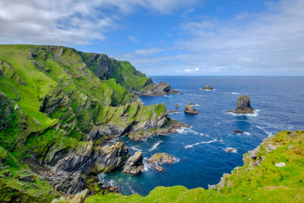 hermaness national nature reserve, een dramatische klif en een toevluchtsoord van duizenden zeevogels; het is de britain's meest noordelijke punt, gelegen op het eiland van unst, shetland-eilanden, schotland. - shetlandeilanden stockfoto's en -beelden