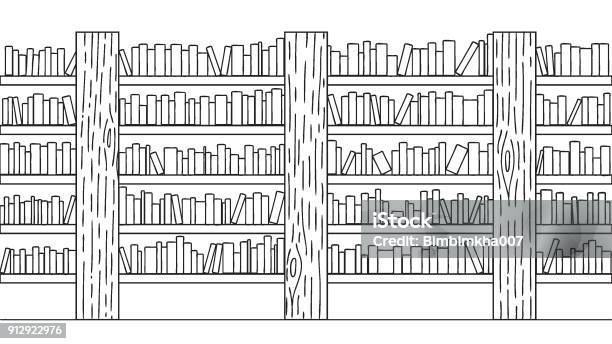 Bokhylla-vektorgrafik och fler bilder på Bokhylla - Bokhylla, Svartvit bild, Färgläggningssida - Illustrationsteknik