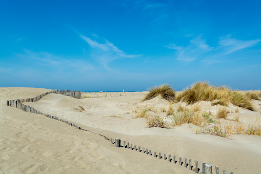 Tranquil view of sandy beach landscape with beautiful sea and horizon in background under blue sky during sunny day at Denmark