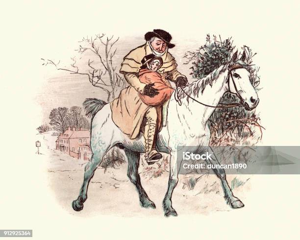 Victorian Grandfather And Granddaughter Riding On A Horse Stock Illustration - Download Image Now