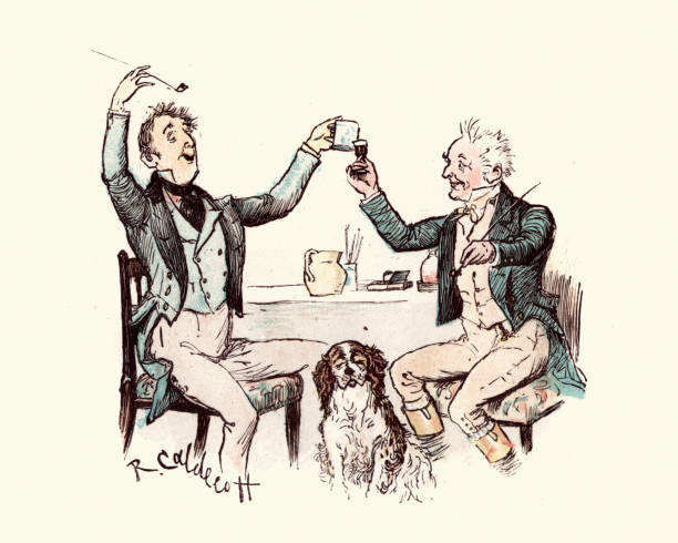 Vintage engraving of from the story of the Curmudgeon's Christmas, by Randolph Caldecott. Two victorian men drinking and having fun
