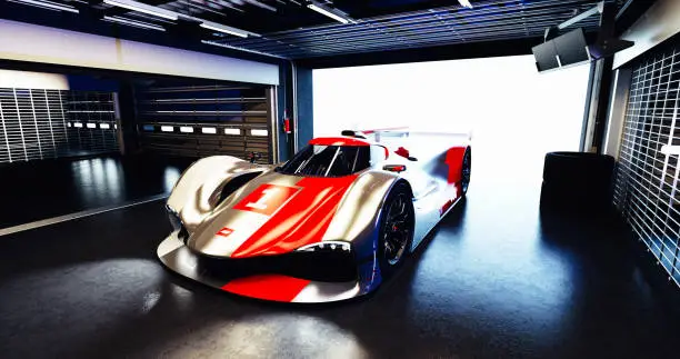 fast sports car for motorsports, lemans prototype. Car of my own design, legal to use.Photorealistic render. Livery design and text is generic.