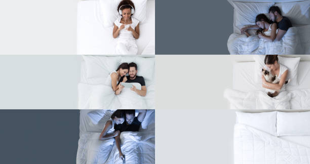 schlafzimmer-lifestyle-banner-set - couple love snoring sleeping stock-fotos und bilder