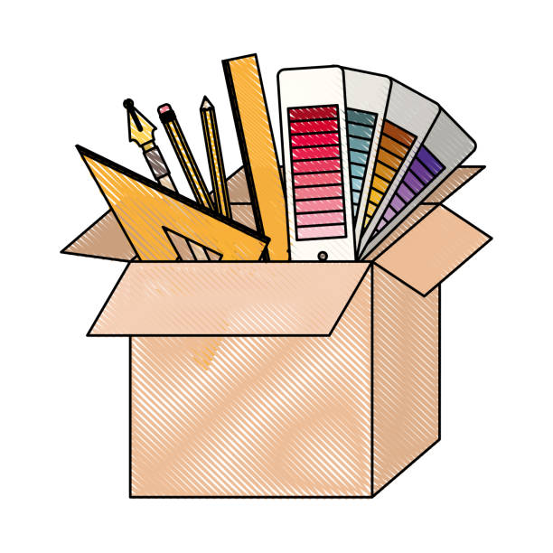 ilustrações, clipart, desenhos animados e ícones de caixa de papelão com ferramentas de design gráfico na silhueta de creiom coloridas - text graph box education