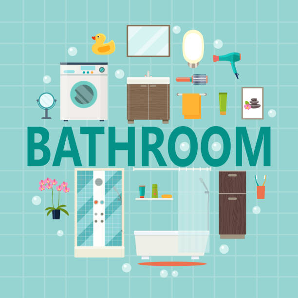stockillustraties, clipart, cartoons en iconen met set moderne badkamer interieur. platte vectorillustratie. - hotel shampoo