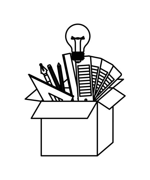 ilustrações, clipart, desenhos animados e ícones de caixa de papelão com ferramentas de design gráfico criativas no contorno preto - text graph box education