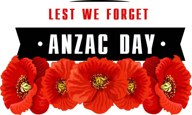 Vector illustration of Anzac poppy flower icon with Lest We Forget banner