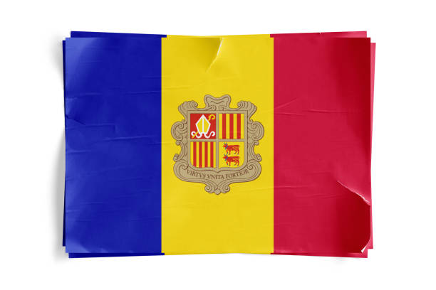 Realistic illustration of Andorra flag on torned, wrinkled, dirty, grunge paper poster. Three of them on top of eachother. 3D rendering.