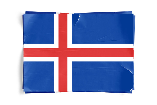 Realistic illustration of Iceland flag on torned, wrinkled, dirty, grunge paper poster. Three of them on top of eachother. 3D rendering.