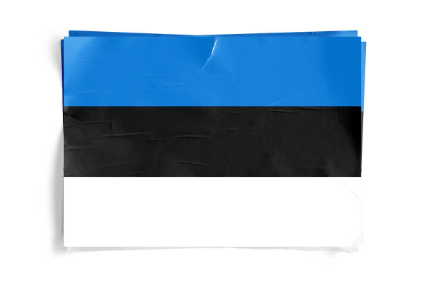 Realistic illustration of Estonia flag on torned, wrinkled, dirty, grunge paper poster. Three of them on top of eachother. 3D rendering.