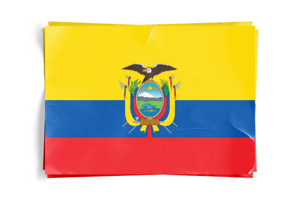 Realistic illustration of Ecuador flag on torned, wrinkled, dirty, grunge paper poster. Three of them on top of eachother. 3D rendering.
