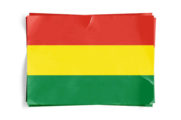 Realistic illustration of Bolivia flag on torned, wrinkled, dirty, grunge paper poster. Three of them on top of eachother. 3D rendering.